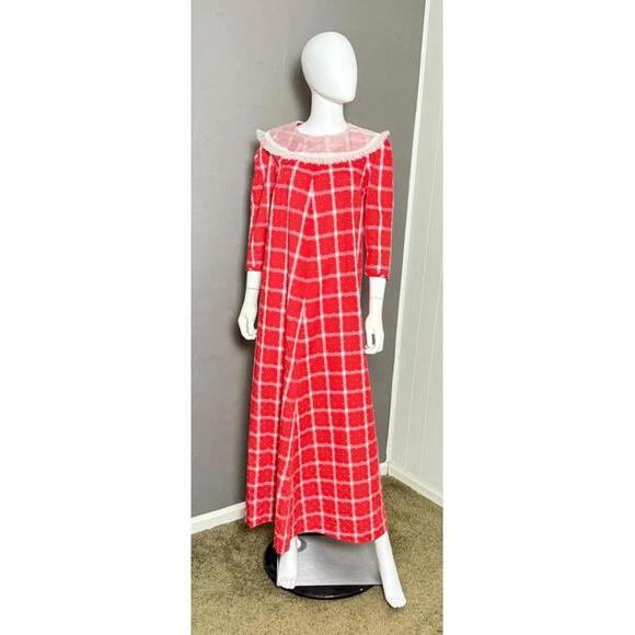 Vintage 1970's Red Plaid Maxi Dress Swiss Dot Chiffon Collar Betty Higgins - Picture 2 of 10
